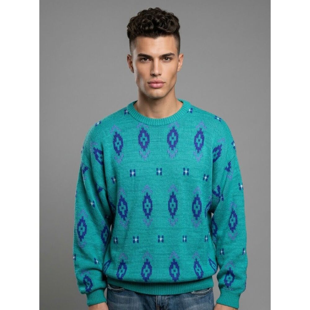 L Vintage 90s Mens Claiborne Turquoise Geometric Graphic Cotton Sweater
